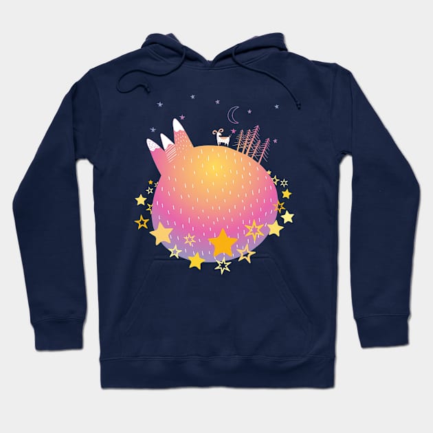 "Home Planet" in teal, pink, and yellow with a ring of yellow stars - a whimsical world Hoodie by AtlasMirabilis